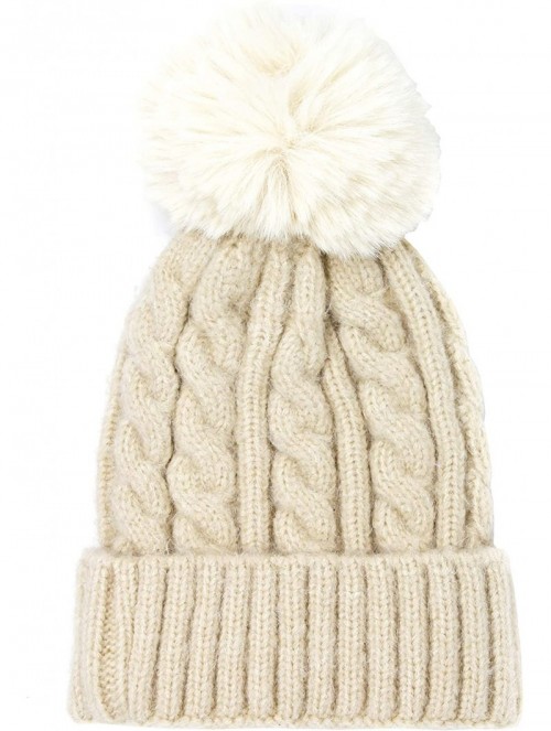 Skullies & Beanies Me Plus Women Fashion Fall Winter Soft Cable Knitted Faux Fur Pom Pom Beanie Hat - Cable Knit - Beige - CN...