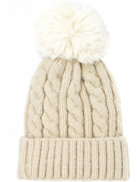 Skullies & Beanies Me Plus Women Fashion Fall Winter Soft Cable Knitted Faux Fur Pom Pom Beanie Hat - Cable Knit - Beige - CN...