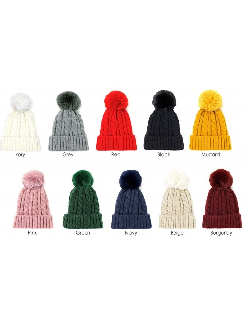 Skullies & Beanies Me Plus Women Fashion Fall Winter Soft Cable Knitted Faux Fur Pom Pom Beanie Hat - Cable Knit - Beige - CN...