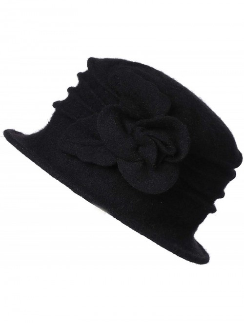 Fedoras Women's Elegant Flower 100% Wool Trimmed Wool Cloche Winter Hat - Black - CZ18IWK9SOQ $14.33