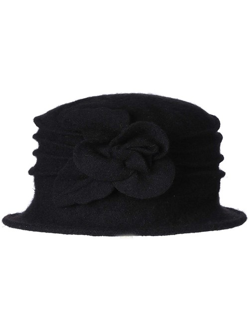 Fedoras Women's Elegant Flower 100% Wool Trimmed Wool Cloche Winter Hat - Black - CZ18IWK9SOQ $14.33