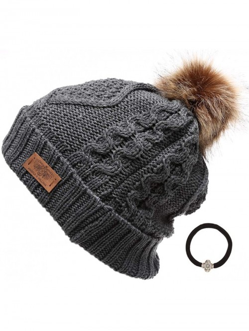 Skullies & Beanies Women's Winter Fleece Lined Cable Knitted Pom Pom Beanie Hat with Hair Tie. - Charcoal - CQ12N14BI59 $16.50