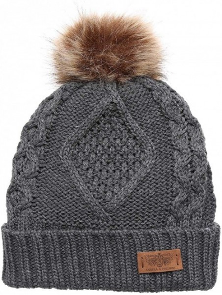 Skullies & Beanies Women's Winter Fleece Lined Cable Knitted Pom Pom Beanie Hat with Hair Tie. - Charcoal - CQ12N14BI59 $16.50