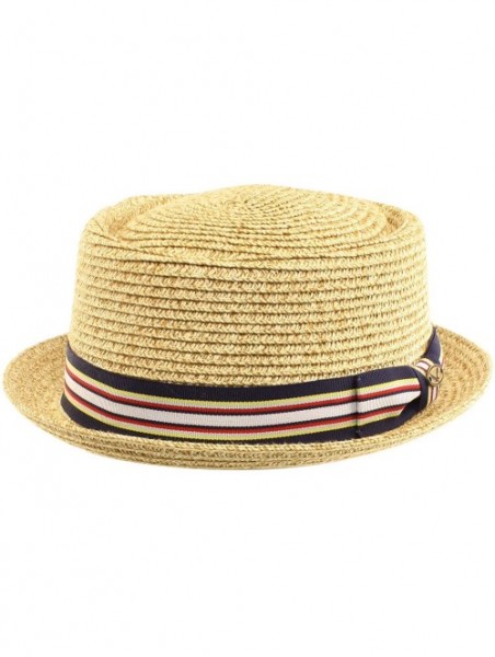 Fedoras Men's Fancy Summer Straw Pork Pie Derby Fedora Upturn Brim Hat - Natural - CD11LJ21LK3 $23.91