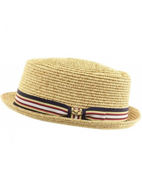 Fedoras Men's Fancy Summer Straw Pork Pie Derby Fedora Upturn Brim Hat - Natural - CD11LJ21LK3 $23.91