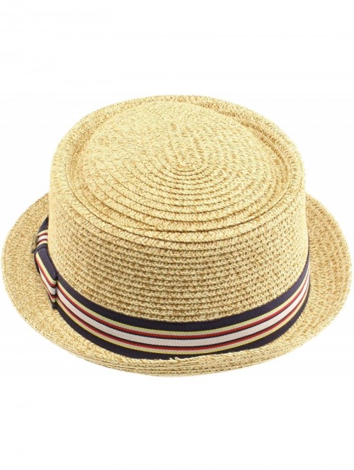 Fedoras Men's Fancy Summer Straw Pork Pie Derby Fedora Upturn Brim Hat - Natural - CD11LJ21LK3 $23.91