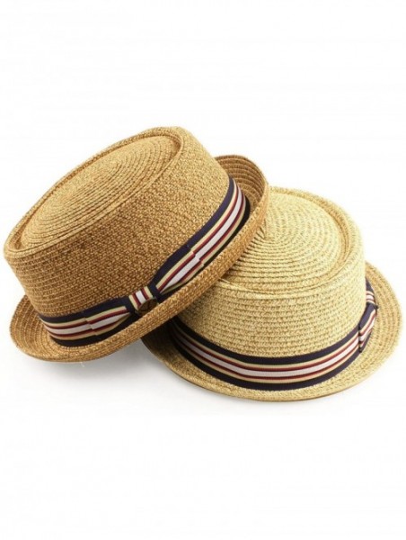 Fedoras Men's Fancy Summer Straw Pork Pie Derby Fedora Upturn Brim Hat - Natural - CD11LJ21LK3 $23.91