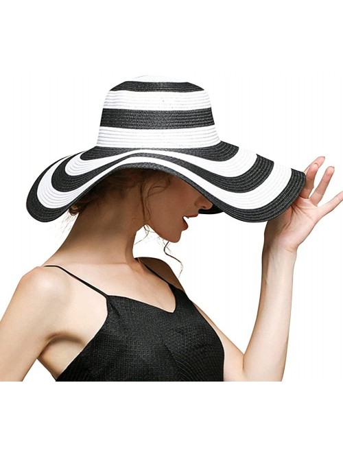 Sun Hats Beach Hats for Women Floppy Sun Stripes Woven Elegant Hats UPF 50+ White Black - Black White - CZ182KCG9OD $26.25