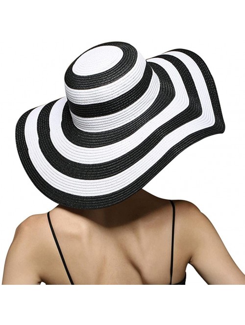 Sun Hats Beach Hats for Women Floppy Sun Stripes Woven Elegant Hats UPF 50+ White Black - Black White - CZ182KCG9OD $26.25