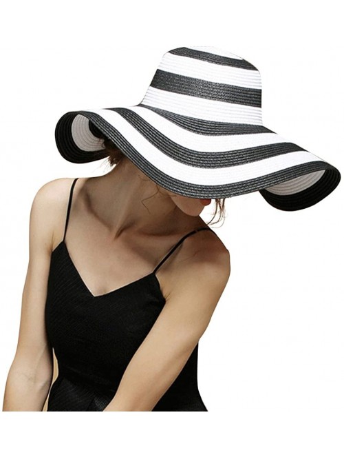 Sun Hats Beach Hats for Women Floppy Sun Stripes Woven Elegant Hats UPF 50+ White Black - Black White - CZ182KCG9OD $26.25