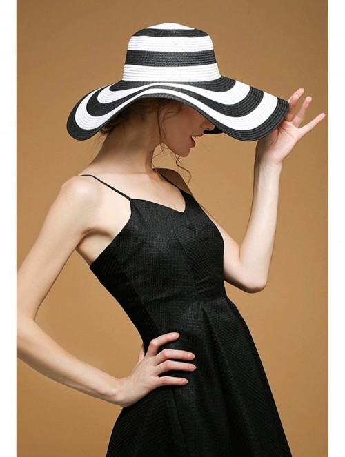 Sun Hats Beach Hats for Women Floppy Sun Stripes Woven Elegant Hats UPF 50+ White Black - Black White - CZ182KCG9OD $26.25