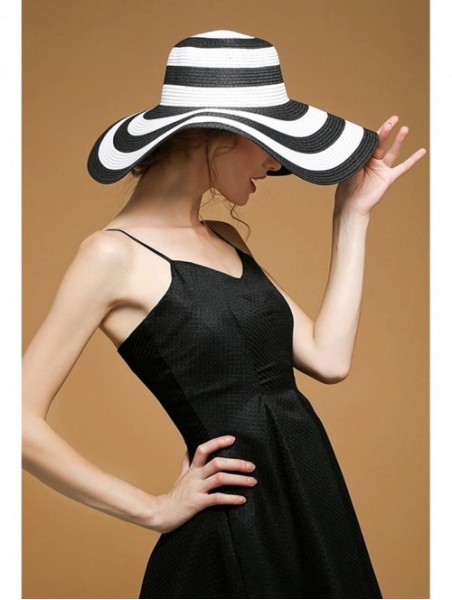 Sun Hats Beach Hats for Women Floppy Sun Stripes Woven Elegant Hats UPF 50+ White Black - Black White - CZ182KCG9OD $26.25