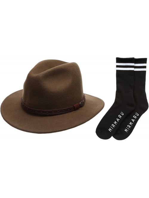 Fedoras Men's Premium Wool Outback Fedora with Faux Leather Band Hat with Socks. - He59-brown - CG12MAKDERX $45.55