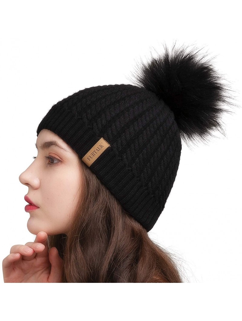 Skullies & Beanies Winter Beanie for Women Warm Knit Bobble Skull Cap Big Fur Pom Pom Hats for Women - 01 Black With Black Po...