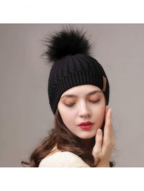 Skullies & Beanies Winter Beanie for Women Warm Knit Bobble Skull Cap Big Fur Pom Pom Hats for Women - 01 Black With Black Po...