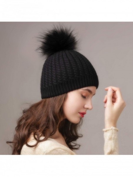 Skullies & Beanies Winter Beanie for Women Warm Knit Bobble Skull Cap Big Fur Pom Pom Hats for Women - 01 Black With Black Po...