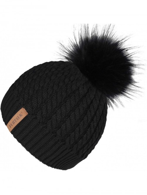 Skullies & Beanies Winter Beanie for Women Warm Knit Bobble Skull Cap Big Fur Pom Pom Hats for Women - 01 Black With Black Po...