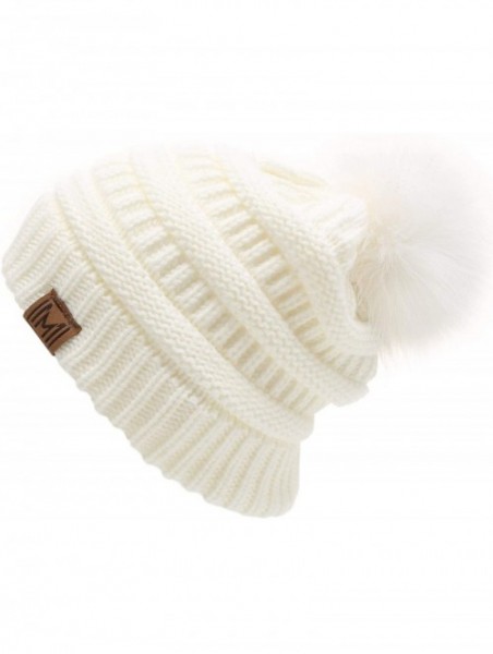 Skullies & Beanies Women's Soft Stretch Cable Knit Warm Skully Faux Fur Pom Pom Beanie Hats - Off White - CS18GQLIUMH $14.31