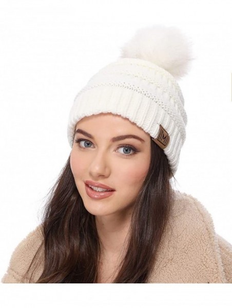 Skullies & Beanies Women's Soft Stretch Cable Knit Warm Skully Faux Fur Pom Pom Beanie Hats - Off White - CS18GQLIUMH $14.31