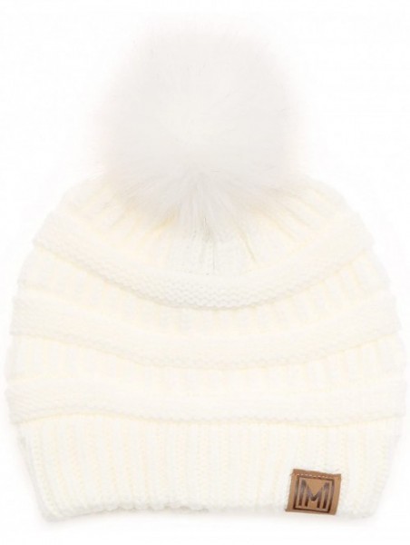 Skullies & Beanies Women's Soft Stretch Cable Knit Warm Skully Faux Fur Pom Pom Beanie Hats - Off White - CS18GQLIUMH $14.31