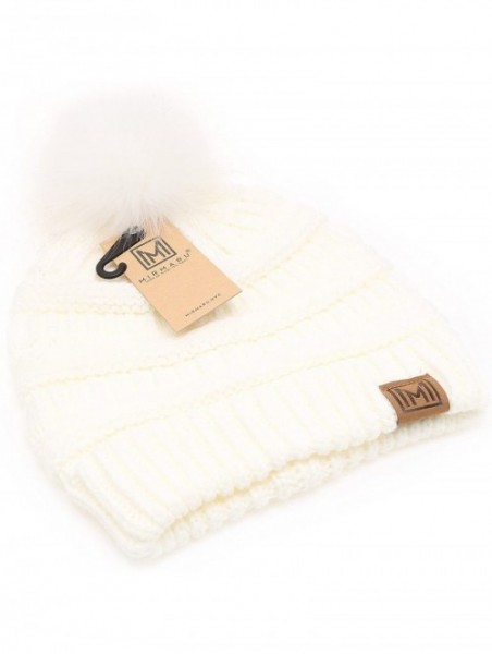 Skullies & Beanies Women's Soft Stretch Cable Knit Warm Skully Faux Fur Pom Pom Beanie Hats - Off White - CS18GQLIUMH $14.31