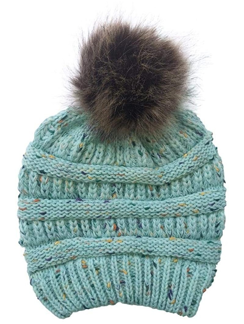 Skullies & Beanies Women Winter Warm Fur Ball Hat Fashion Crochet Knitted Wool Cap Cozy Headgear Hats & Caps - Light Blue - C...