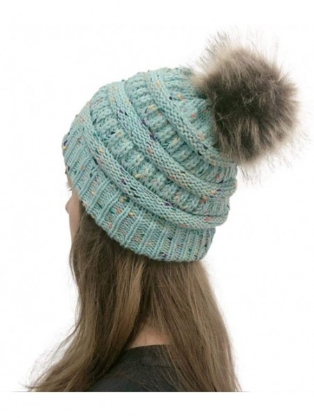 Skullies & Beanies Women Winter Warm Fur Ball Hat Fashion Crochet Knitted Wool Cap Cozy Headgear Hats & Caps - Light Blue - C...