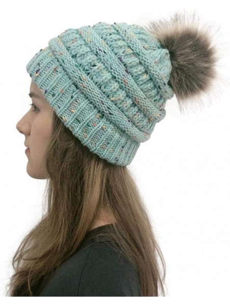 Skullies & Beanies Women Winter Warm Fur Ball Hat Fashion Crochet Knitted Wool Cap Cozy Headgear Hats & Caps - Light Blue - C...