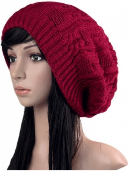 Skullies & Beanies Unisex Trendy Beanie Warm Oversized Chunky Cable Knit Slouchy Woolen Hat - Wine Red - C812MYDR7CP $17.90