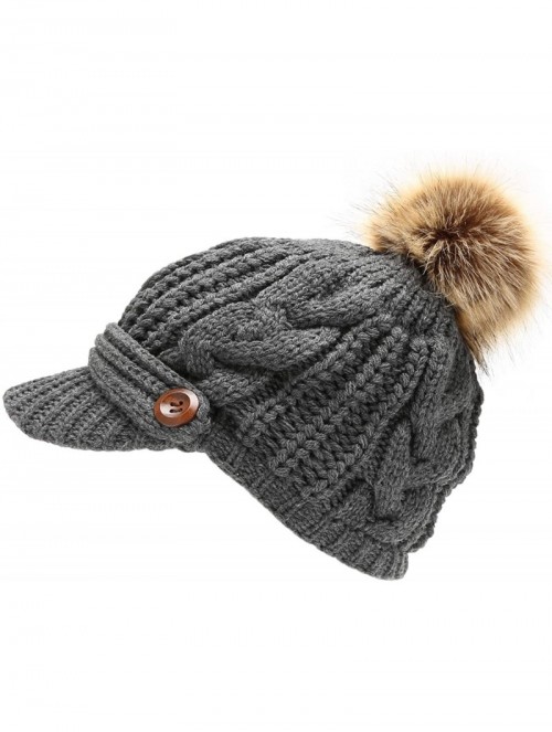 Skullies & Beanies Women's Chunky Winter Soft Cable Knitted Double Layer Visor Beanie Hat with Faux Fur Pom Pom (Charcoal) - ...