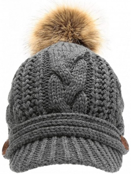 Skullies & Beanies Women's Chunky Winter Soft Cable Knitted Double Layer Visor Beanie Hat with Faux Fur Pom Pom (Charcoal) - ...