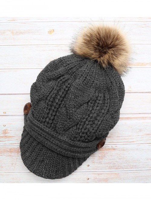 Skullies & Beanies Women's Chunky Winter Soft Cable Knitted Double Layer Visor Beanie Hat with Faux Fur Pom Pom (Charcoal) - ...