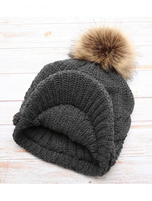 Skullies & Beanies Women's Chunky Winter Soft Cable Knitted Double Layer Visor Beanie Hat with Faux Fur Pom Pom (Charcoal) - ...