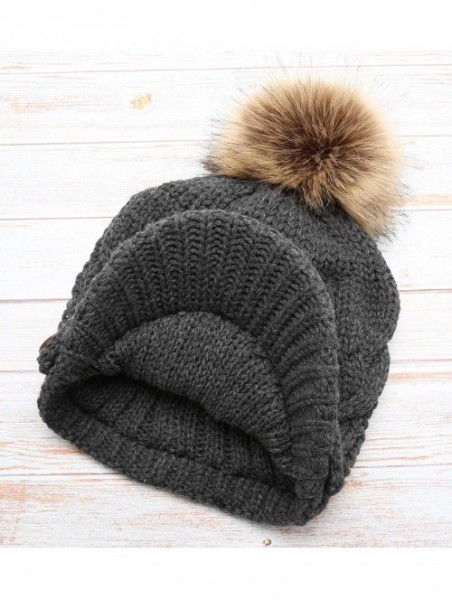 Skullies & Beanies Women's Chunky Winter Soft Cable Knitted Double Layer Visor Beanie Hat with Faux Fur Pom Pom (Charcoal) - ...