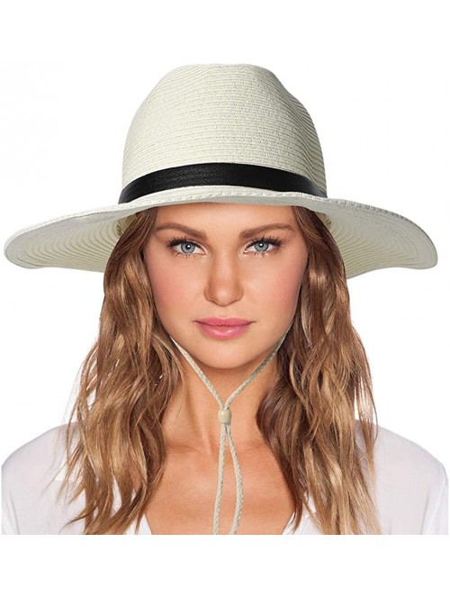 Sun Hats Womens Sun Hat with Wind Lanyard UPF Beach Packable Summer Cowboy Sun Straw Hats for Women Men - 001_milk White - CL...