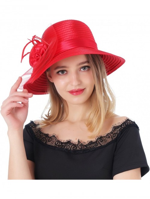 Sun Hats Women's Organza Wide Brim Floral Ribbon Kentucky Derby Church Dress Sun Hat - 2 Style-red - CW183W2C859 $25.58