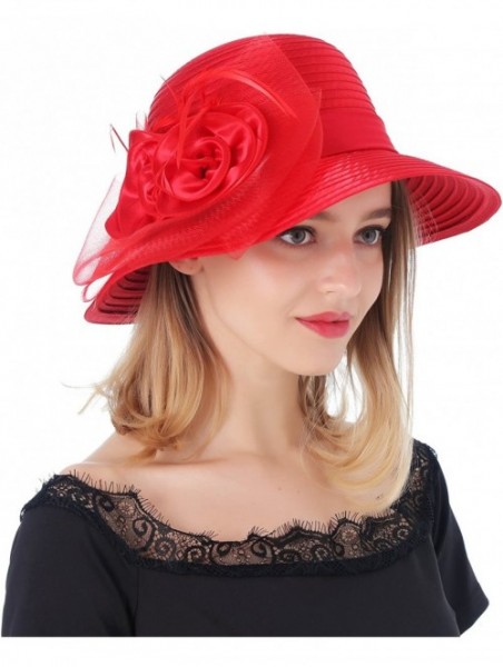 Sun Hats Women's Organza Wide Brim Floral Ribbon Kentucky Derby Church Dress Sun Hat - 2 Style-red - CW183W2C859 $25.58