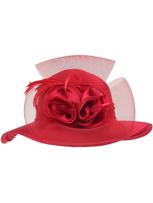 Sun Hats Women's Organza Wide Brim Floral Ribbon Kentucky Derby Church Dress Sun Hat - 2 Style-red - CW183W2C859 $25.58