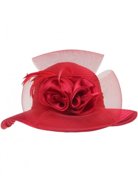 Sun Hats Women's Organza Wide Brim Floral Ribbon Kentucky Derby Church Dress Sun Hat - 2 Style-red - CW183W2C859 $25.58