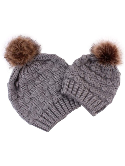 Skullies & Beanies Women Beanie Hat Family Matching Mom and Baby Knit Cap Pom Pom Beanie Warm Hat Thick Winter Hat - Mom-gray...