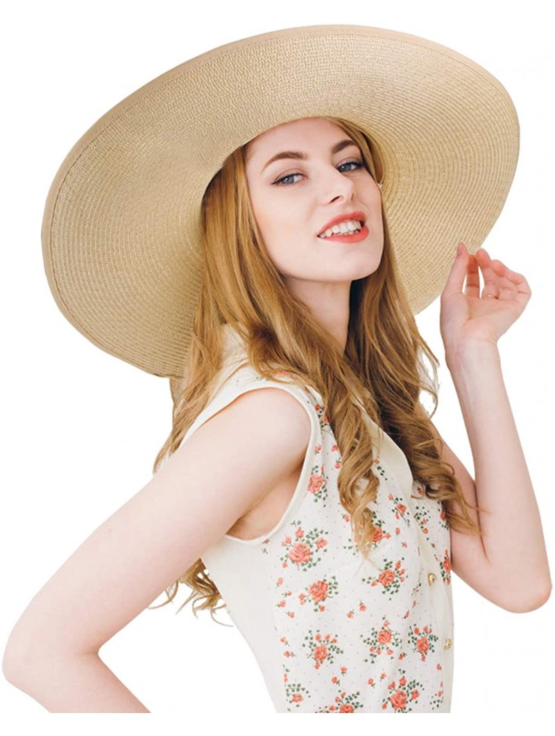 Sun Hats Womens Wide Brim Straw Hat Floppy Foldable Summer Beach Sun Hats for Women UPF50+ - Beige - C718U57KE5G $26.58