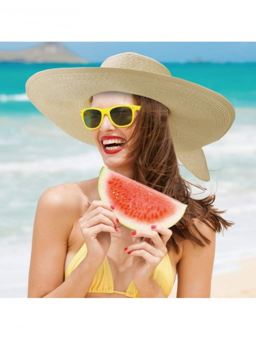 Sun Hats Womens Wide Brim Straw Hat Floppy Foldable Summer Beach Sun Hats for Women UPF50+ - Beige - C718U57KE5G $26.58