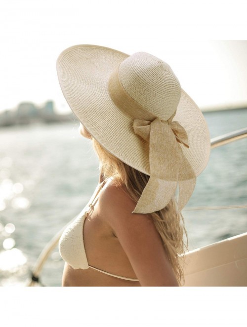 Sun Hats Womens Wide Brim Straw Hat Floppy Foldable Summer Beach Sun Hats for Women UPF50+ - Beige - C718U57KE5G $26.58