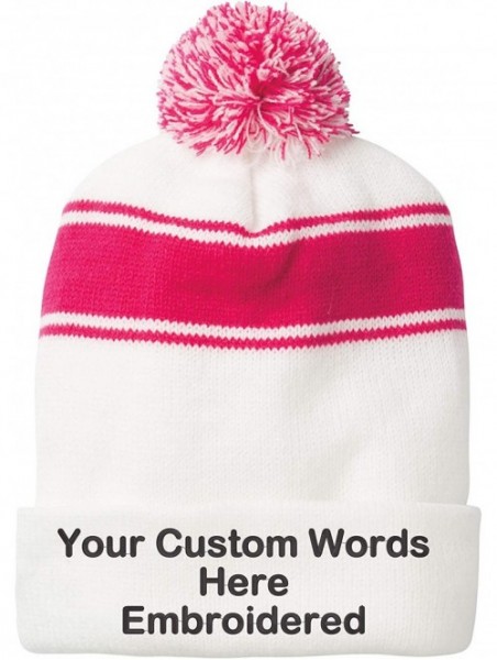 Skullies & Beanies Customize Your Beanie Personalized with Your Own Text Embroidered - Stripe Pom Pom White/Pink Raspberry - ...