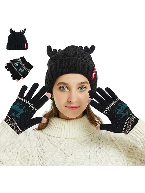 Skullies & Beanies Thick Knit Skull Cap Christmas Eve Hat Gloves Set Fleece Lined Cuff Beanie and Touch Screen Mitten(Black B...