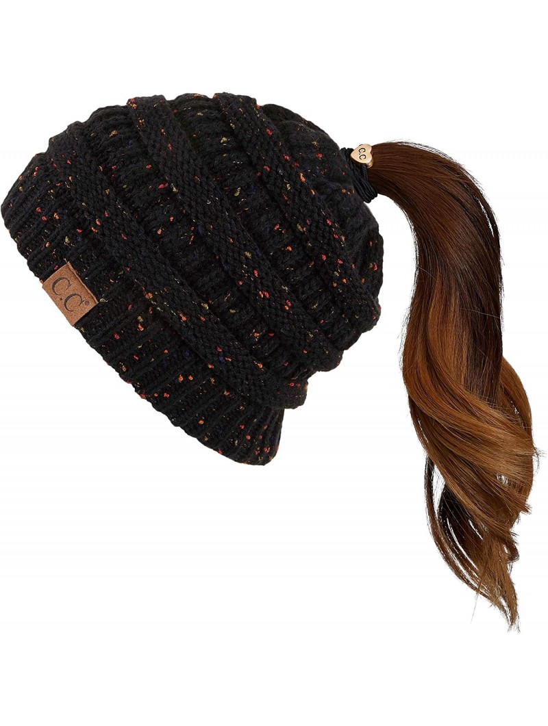 Skullies & Beanies Ribbed Confetti Knit Beanie Tail Hat for Adult Bundle Hair Tie (MB-33) - Black - CZ189C8MM7N $15.92