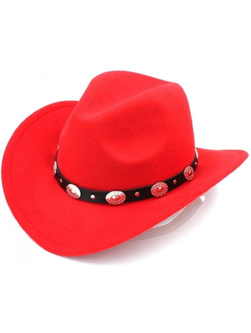 Cowboy Hats Womem Men Wool Blend Western Cowboy Hat Wide Brim Cowgirl Jazz Cap Leather Band - Red - CO186I0N3N2 $14.33