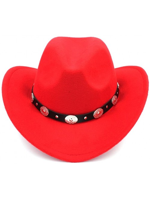 Cowboy Hats Womem Men Wool Blend Western Cowboy Hat Wide Brim Cowgirl Jazz Cap Leather Band - Red - CO186I0N3N2 $14.33