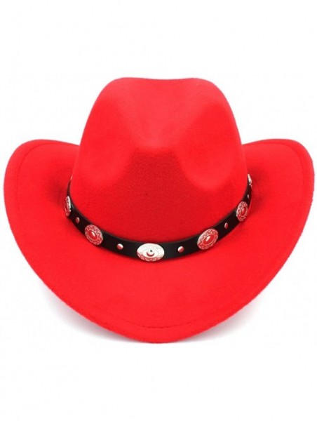 Cowboy Hats Womem Men Wool Blend Western Cowboy Hat Wide Brim Cowgirl Jazz Cap Leather Band - Red - CO186I0N3N2 $14.33