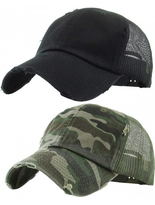 Baseball Caps Women's Adjustable Athletic Trucker Hat Mesh Baseball Cap Dad Hat - 2 Pack - Black & Camo (Distressed) - C618RU...